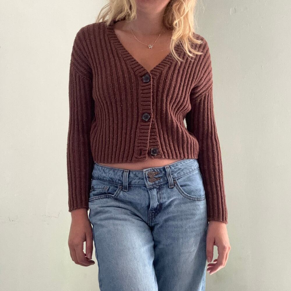 American Eagle Ribbed Boxy Cardigan Sweater Brown Size XS